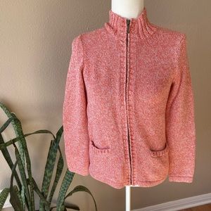 L.L.Bean Women’s Cable Knit 100% Cotton Zip Up Sweater Jacket XS Coral + White